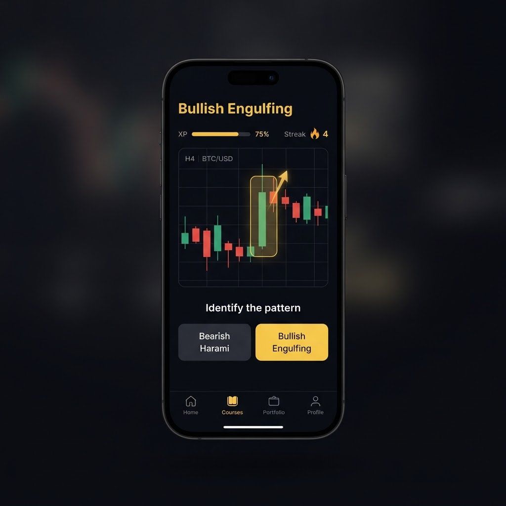 CandleQuest app showing a bullish engulfing candlestick lesson with answer choices